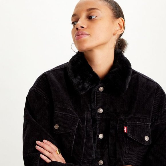 Levi's NWT Heritage Corduroy Sherpa Trucker Jacket in Black w/Black Faux Fur - Picture 4 of 8